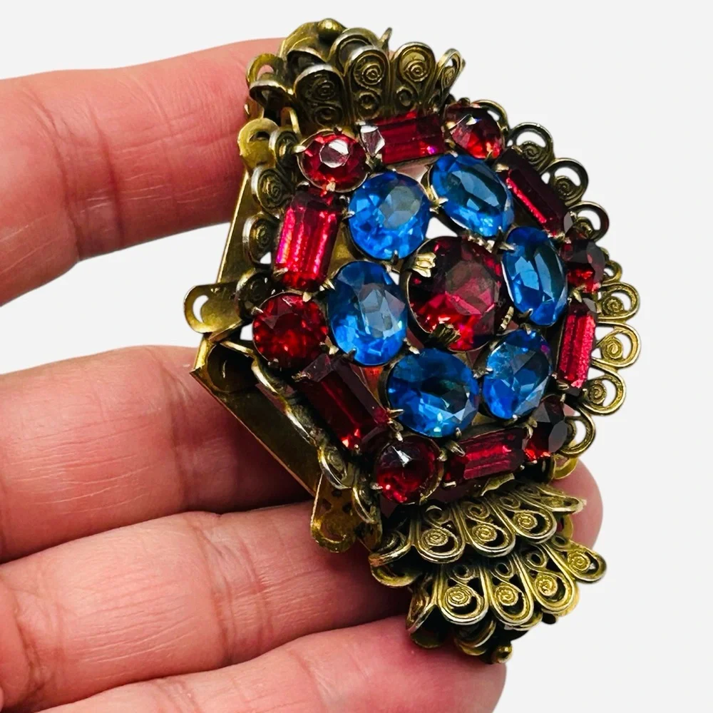 Large Sapphire Blue & Ruby Red Rhinestone Filigree Dress Clip